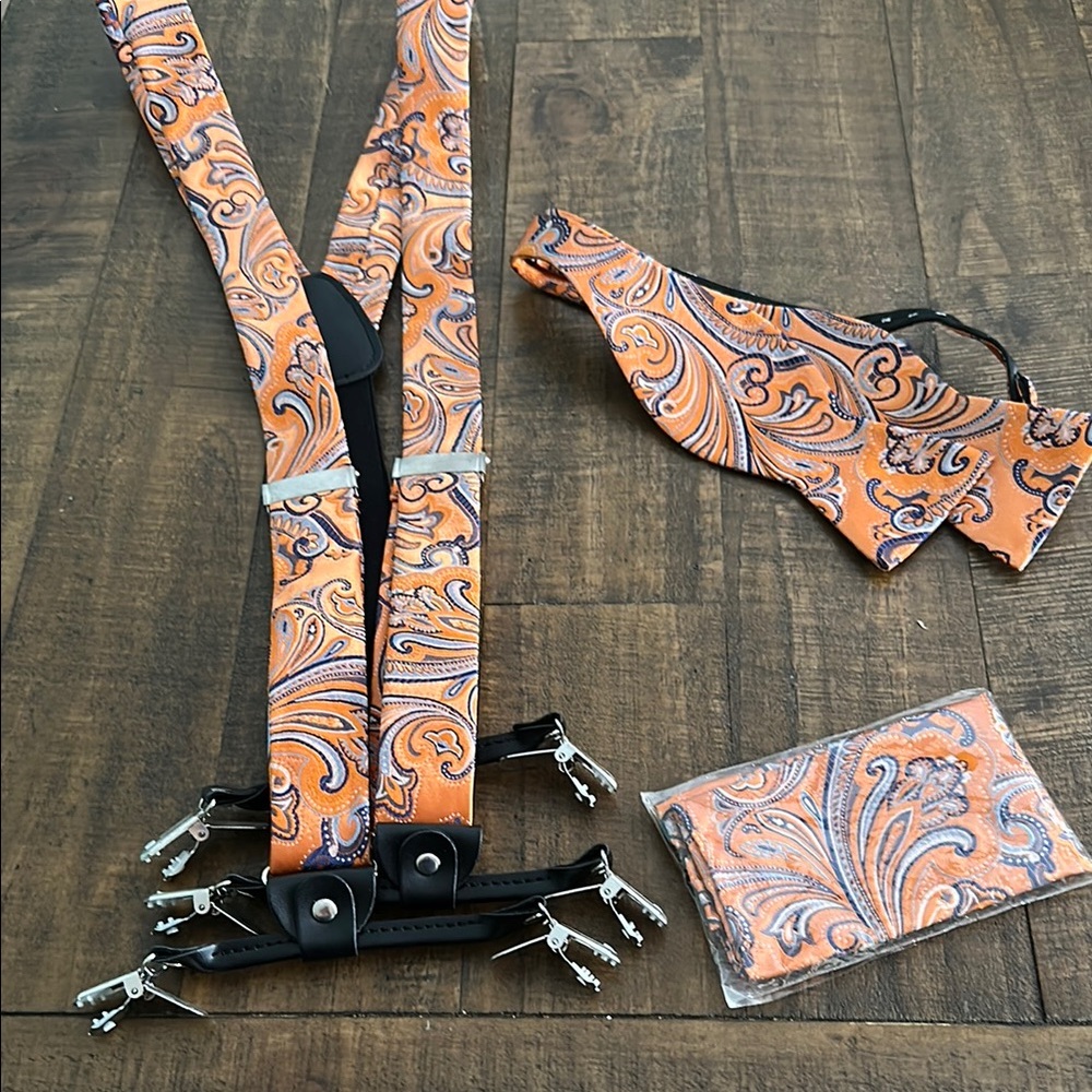 Men's Orange Paisley Suspenders and Bow Tie Set - Picture 6 of 6